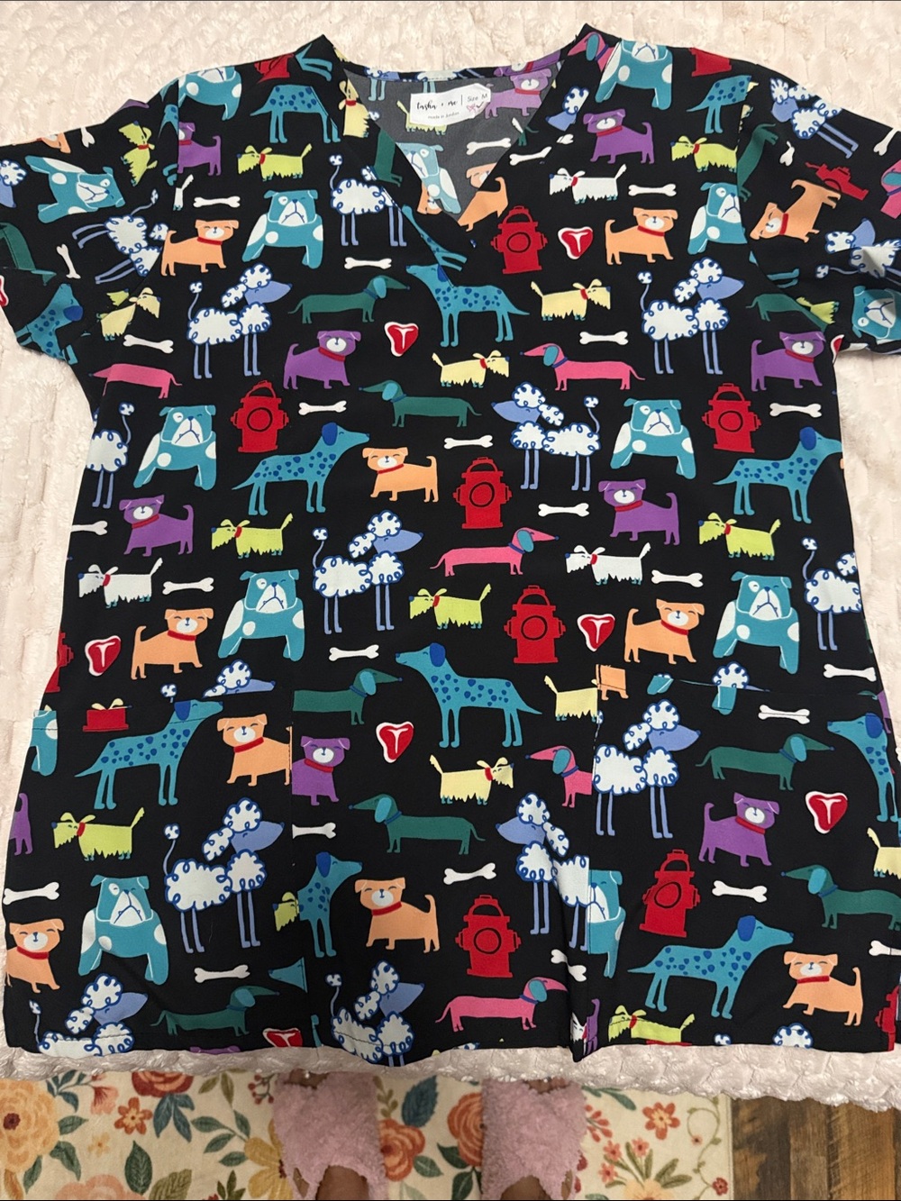 Black Multi-Color Dog-Print Women's Scrub Top